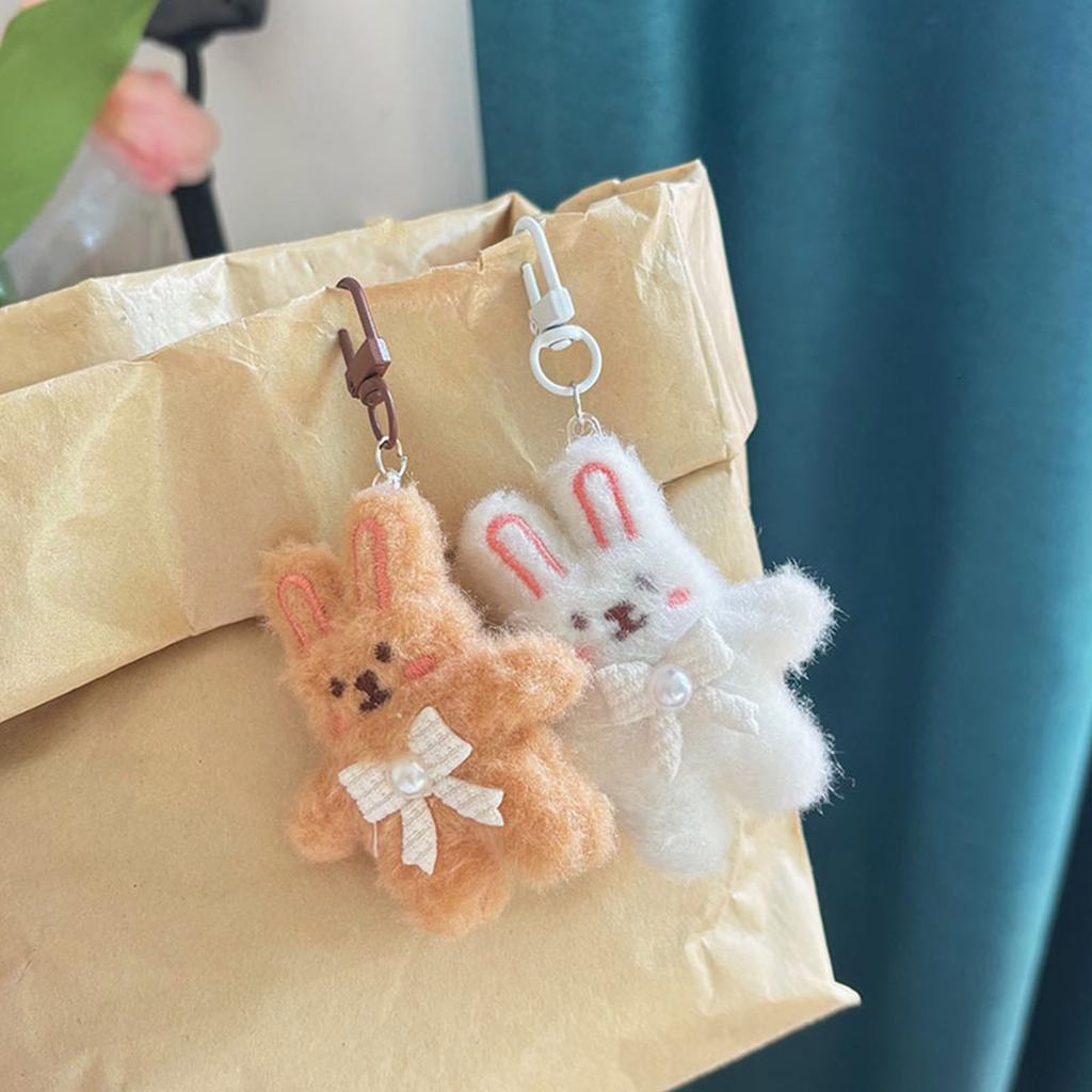 Cute Plush Rabbit Keychain With Pearl Bowknot For Girls And Women Soft Fluffy Charm Keyrings Pendant Accessory