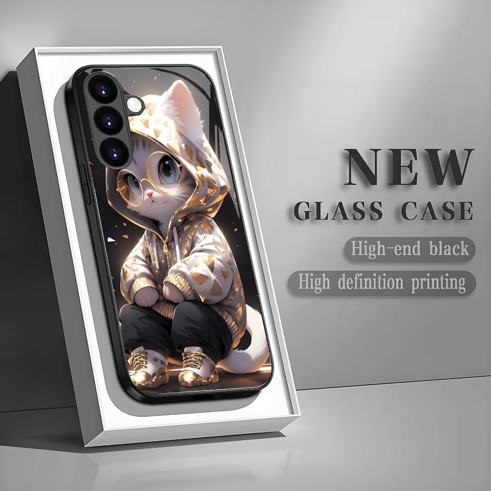 Cool cat tempered glass phone case suitable for Samsung Galaxy S26 S25 S24 S23 S22 S20 FE/Ultra/Plus anti drop back cover