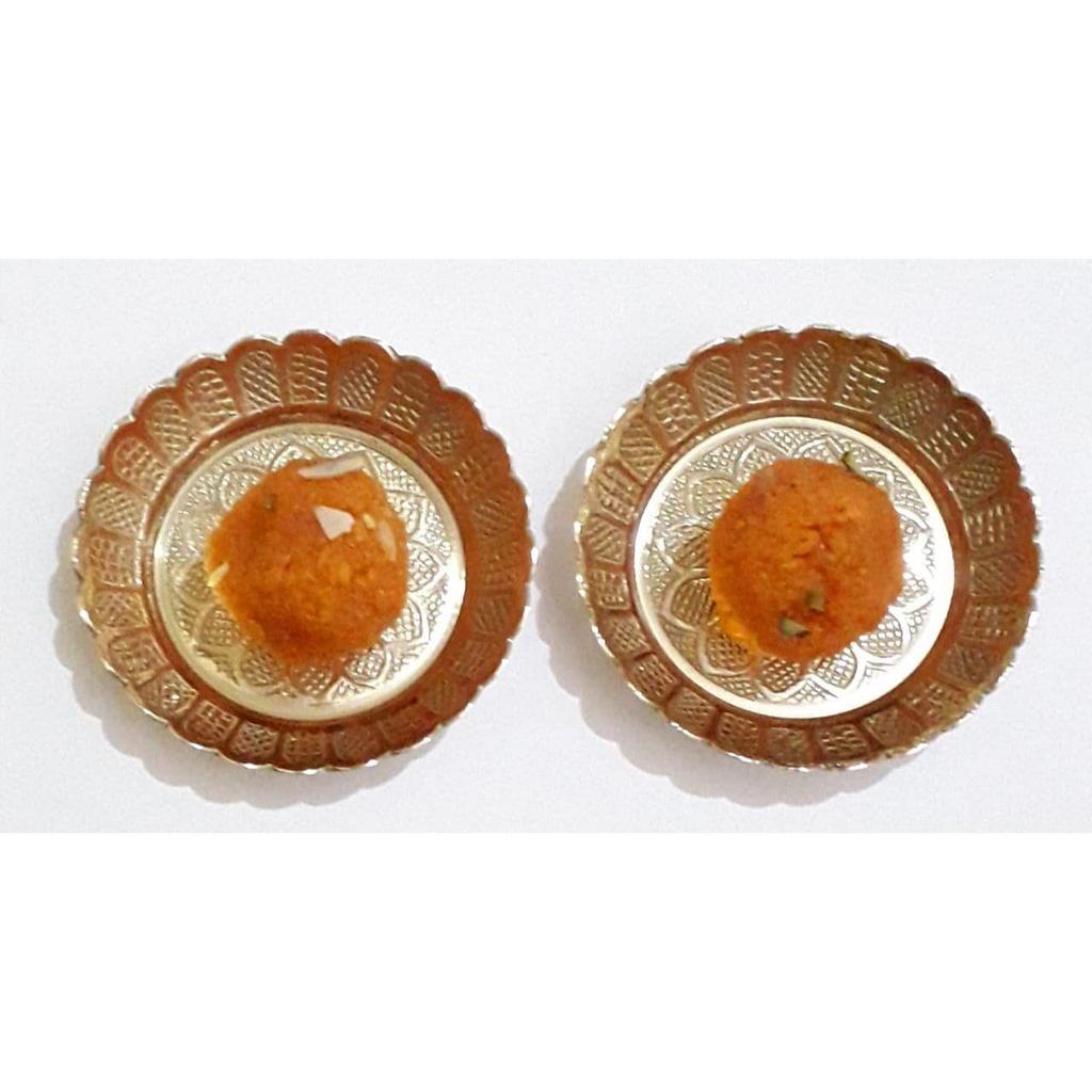 Small Pure Brass Plate for Puja / Diwali / Bhog Thali with Beautiful Flower Embossed Design (Golden) Set of 2pcs