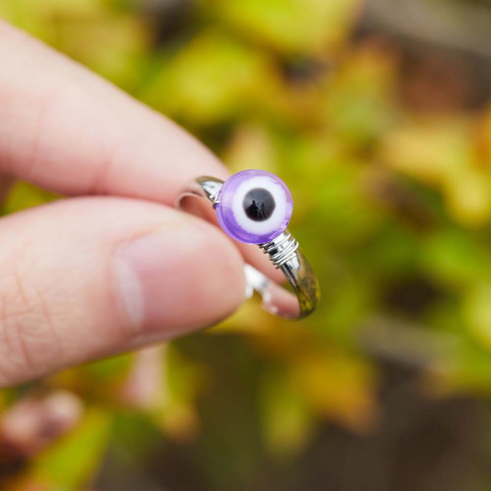 Men Blue Glass Lucky Metal Beads Metal Round Beads Ring Finger Ring Fashion Jewelry Blue Eye Rings