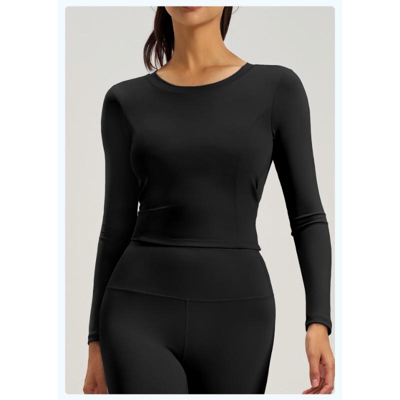 New Beautiful Back Yoga Clothes for Women Pleated Slim Fitness Tops with Built-in Chest Pads Running Sports Long Sleeves