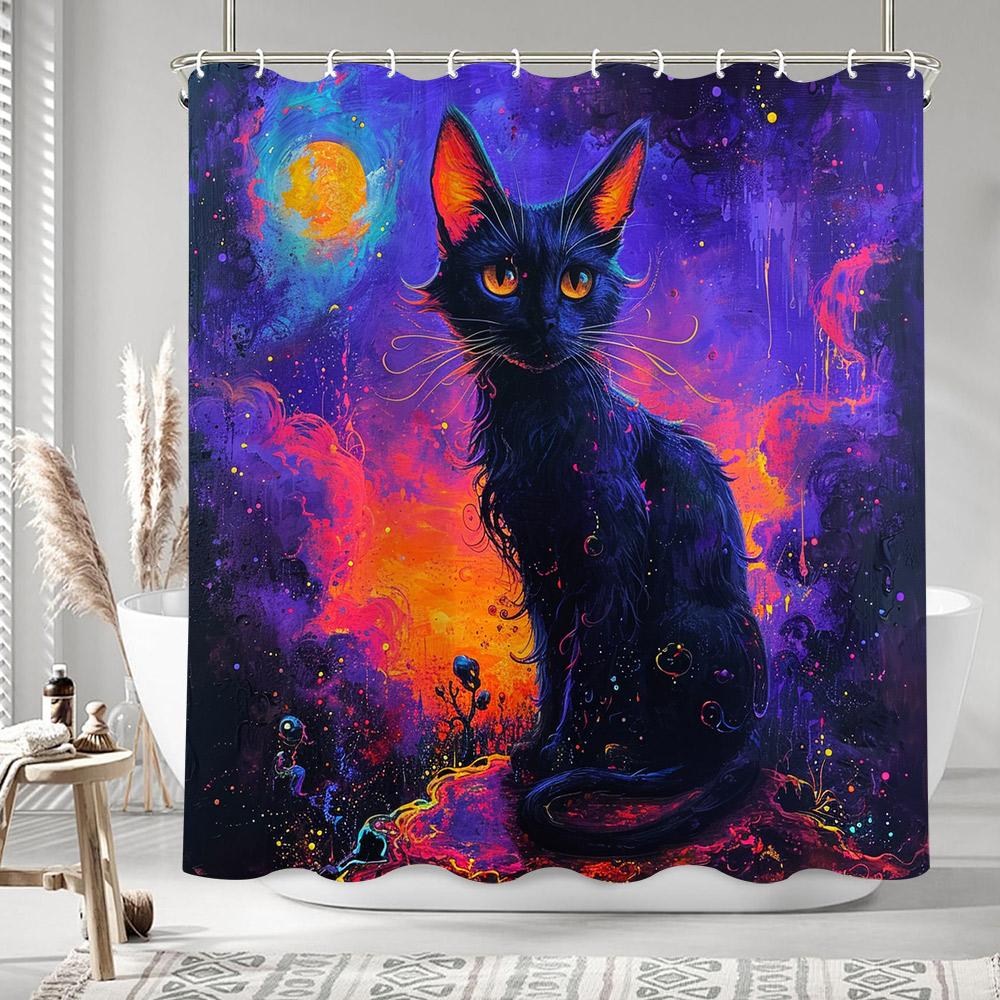 Schwarze Katze Ölmalerei Kunstwerk Duschvorhang Bohemian Sandfarben Bunt Bemalt Polyester Badezimmer Vorhänge Badezimmer Dekor mit Haken