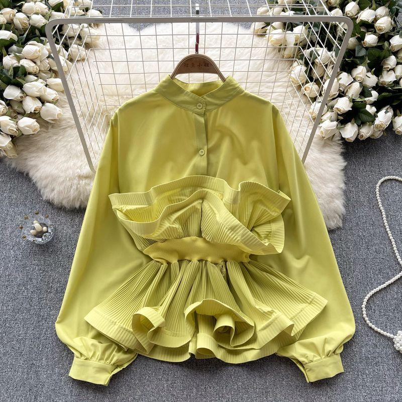 Socialite Puff Sleeves Autumn Waist Trimming Ruffles Shirt