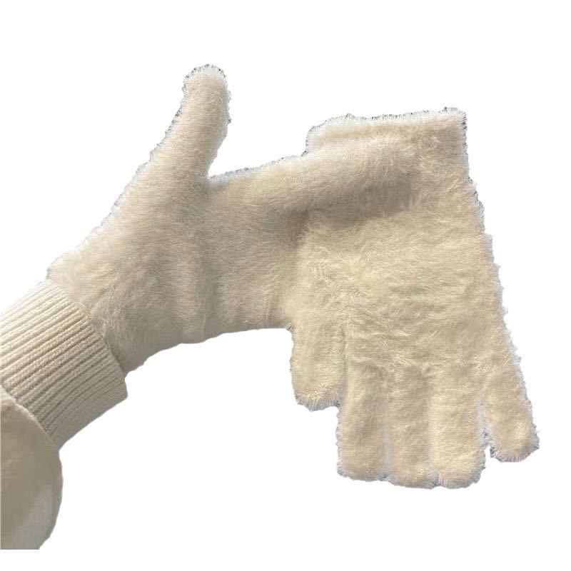 Pure White Korean Style Faux Mink Winter Gloves – Solid Color Plush Warm Cycling Gloves