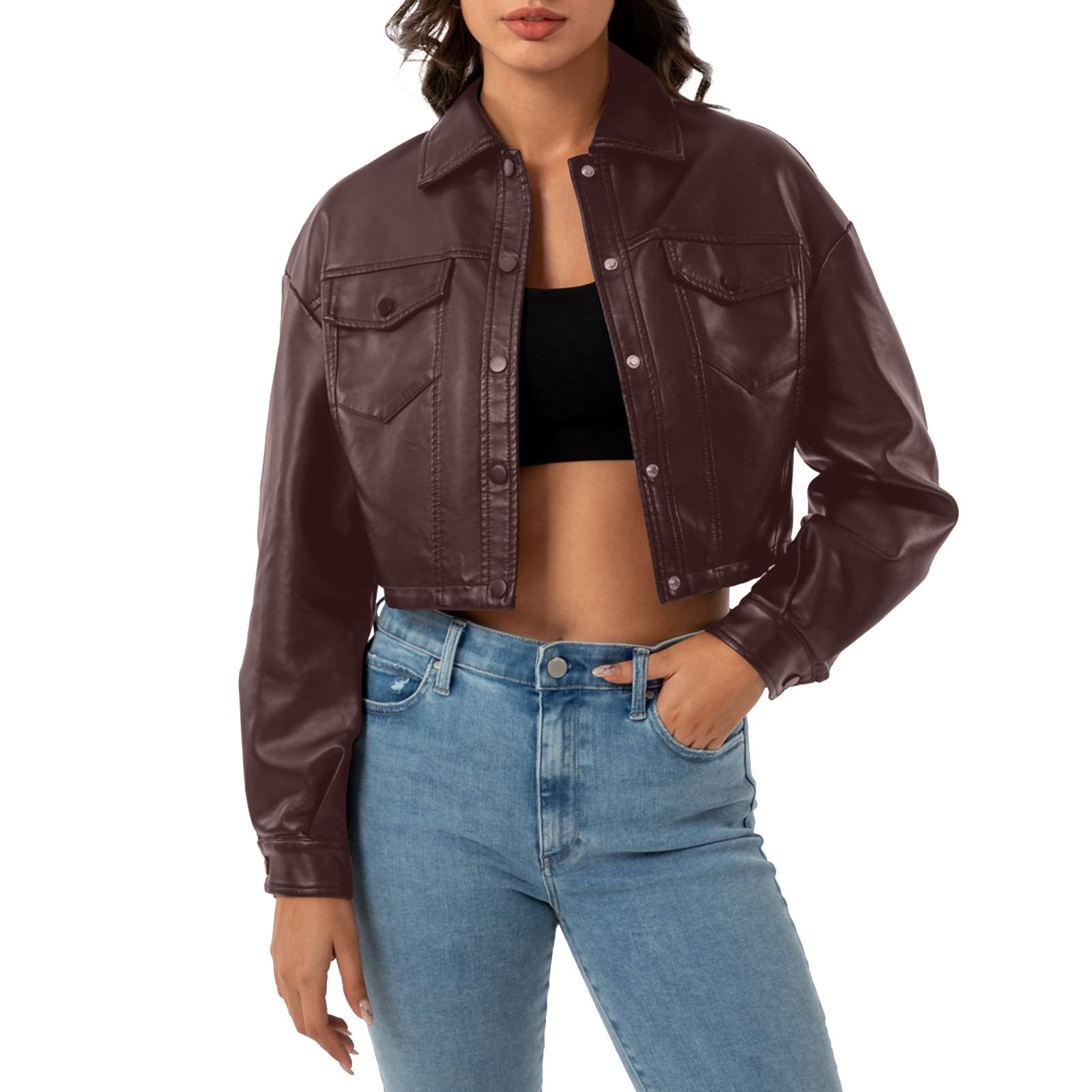 

Женская повседневная кожаная куртка однотонного цвета с длинными рукавами, однобортная короткая куртка, пальто с лацканами L кофейный