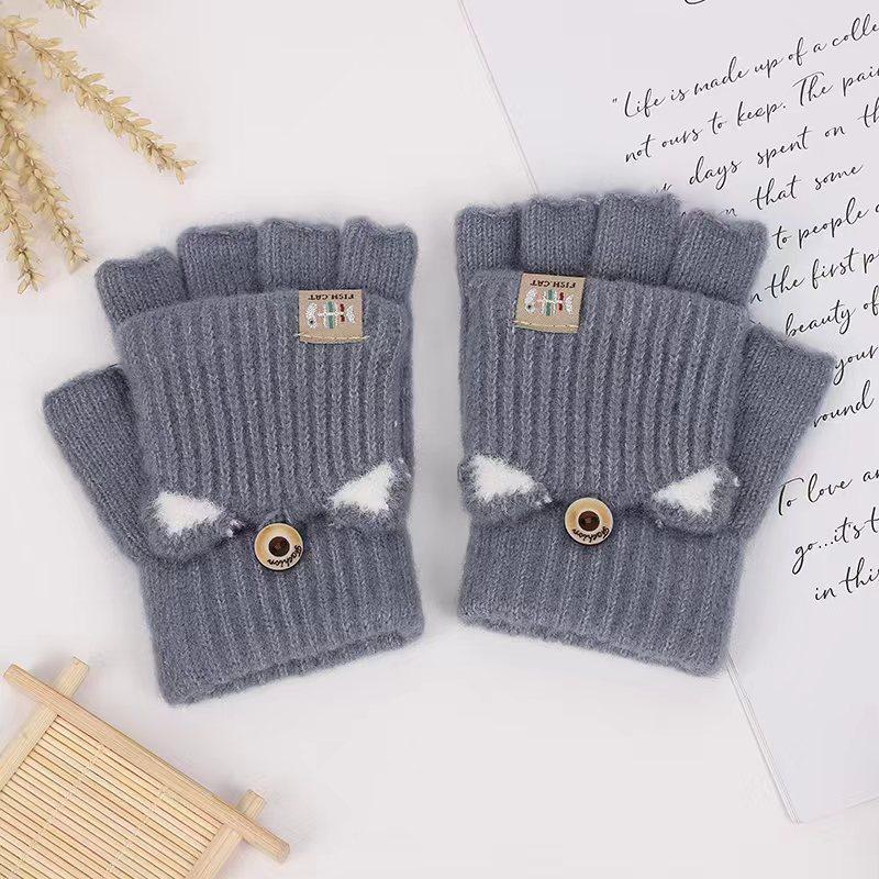 Winter Warm and Cute Cartoon Plush Half-finger Flip-top Student Writing Children's Cold-proof Knitted Gloves for Men and Women