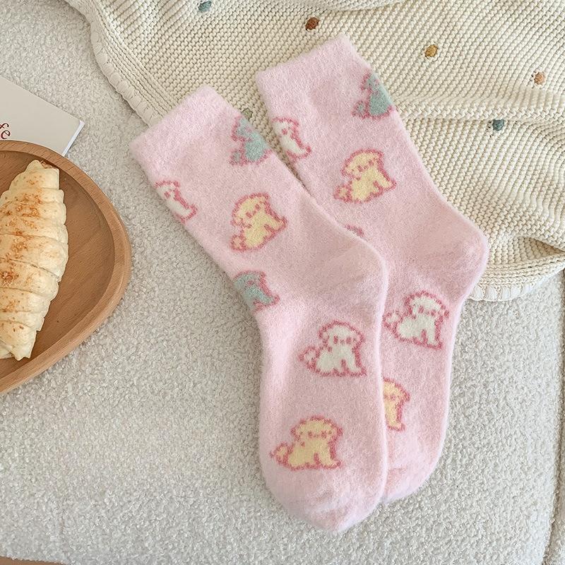 Women's Striped Mid-calf Socks for Autumn and Winter, with Added Fleece and Thickening, Warm, Cute and Sweet Fleece Floor Socks