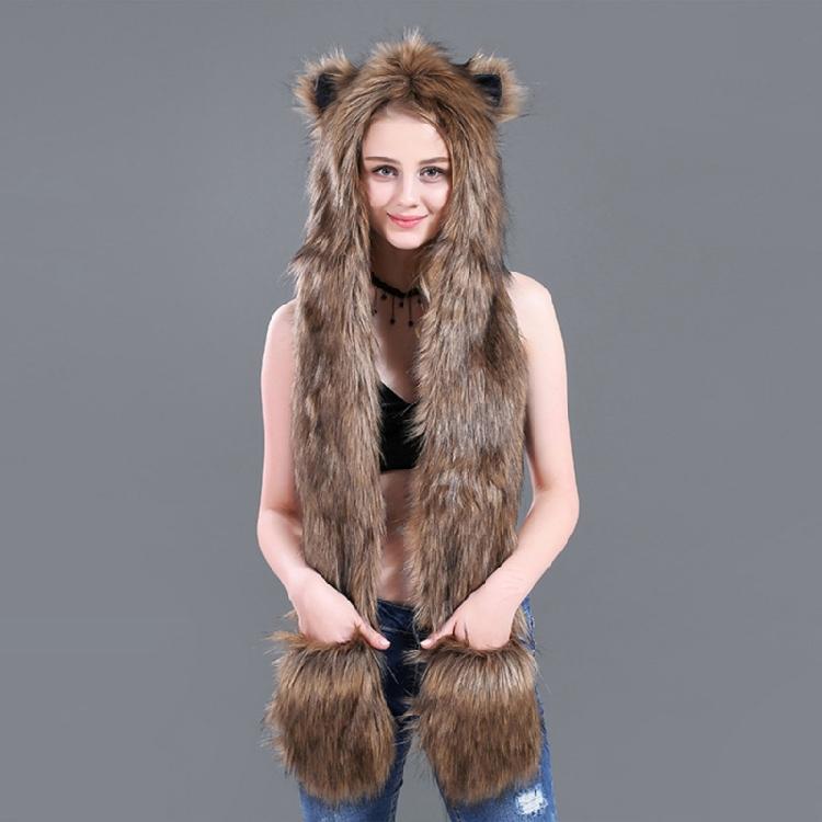 Plush Animal Ear Hat for Adult Unisex Earflap Gloves Scarf All In One Warm Trapper Hat Outdoor Activity Cold Weather Hat