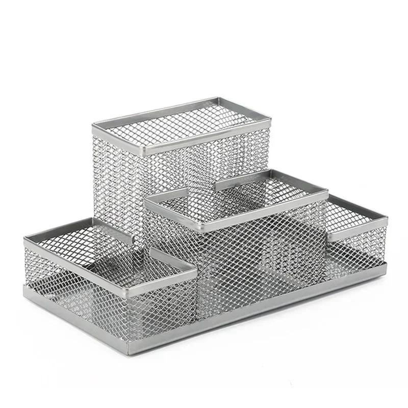 Iron Mesh Four Grid Pen Holder Creative Metal Oblique Insertion Grids Pen Holder Office Desktop Hollow Combination Storage Box
