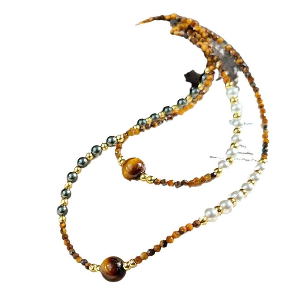Vintage Strong Light High Quality Natural Tiger'S Eye Stone Artificial Crystal Pearl Necklace Collarbone Chain
