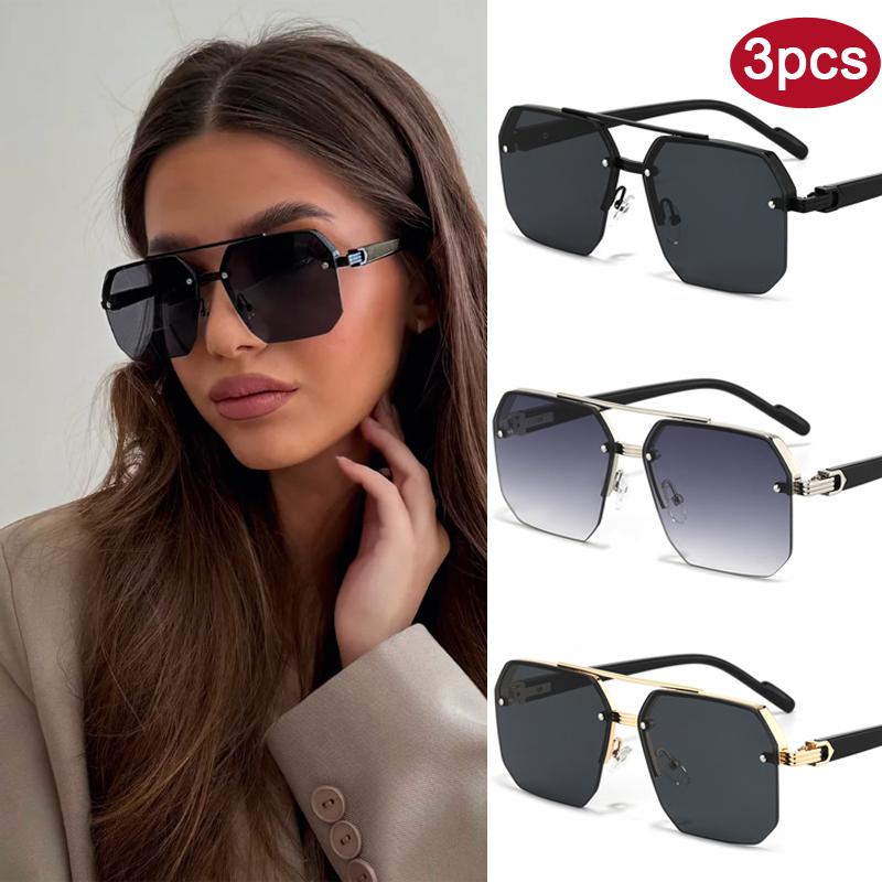 3pcs Square Metal Half Frame Sunglasses Rice Nails Double Beams Gradient Lens Casual Trend Eyewear