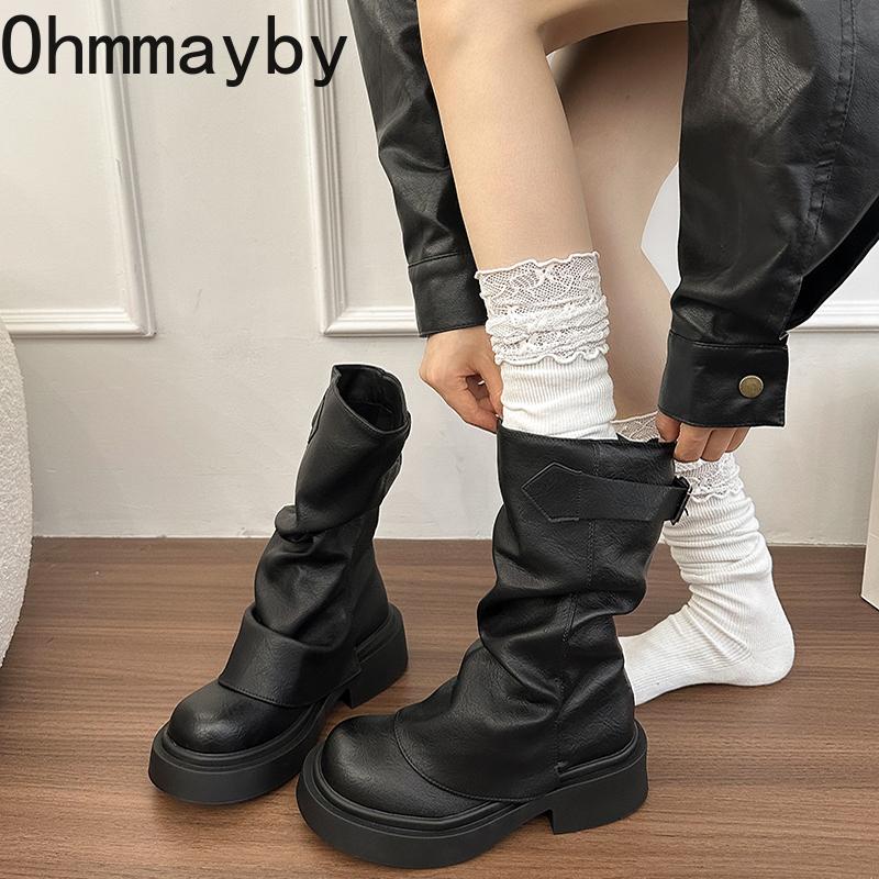 Designer Hosenbeine Damen Stiefel Mode Slipper Plissee Schuhe Damen Dicker Absatz Western Cowboy Stiefeletten De Mujer