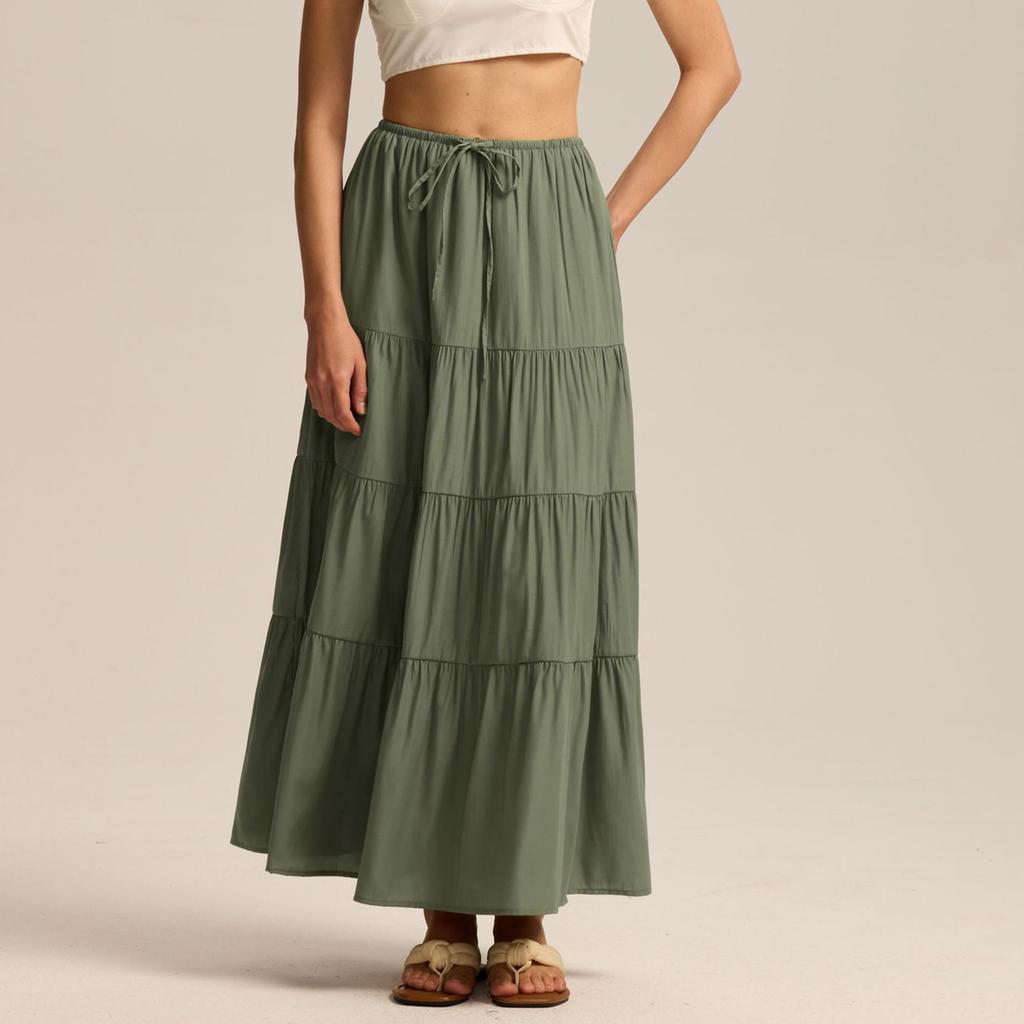 Women's Cotton Skirt High Waist Elastic Lace-up Large Swing Skirt Loose Stitching Long Skirt
