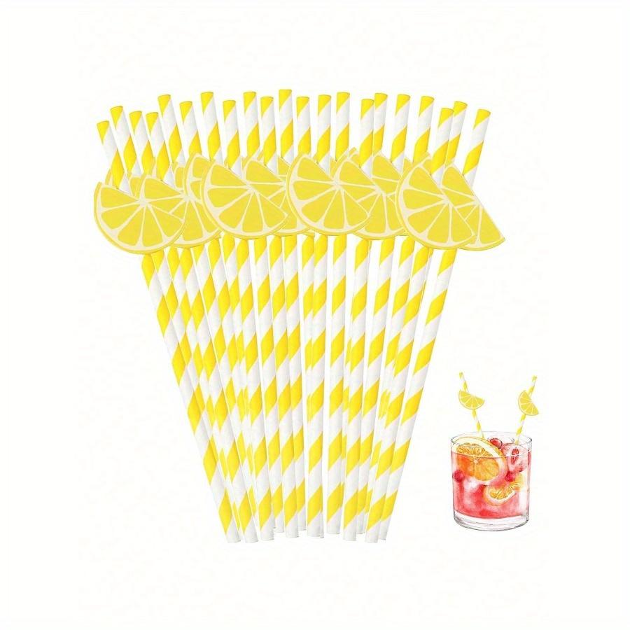Lemon Paper Straws Disposable Cocktail Straws for Drinks Striped Straws, Individually Wrapped Plastic Straw with Lemon Shape