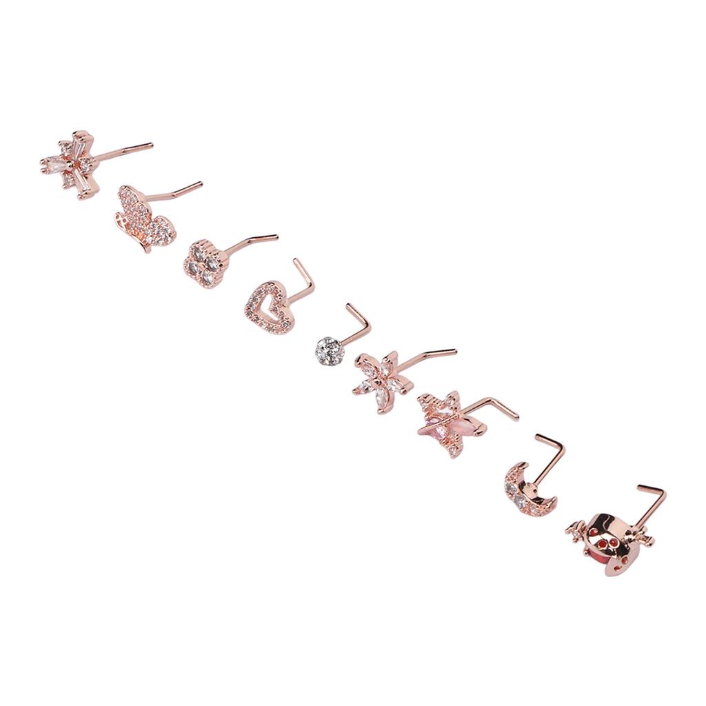 9pcs L Shaped Nose Studs Women Fashionable Stainless Steel Zirconia Nose Studs Jewelry Accessory