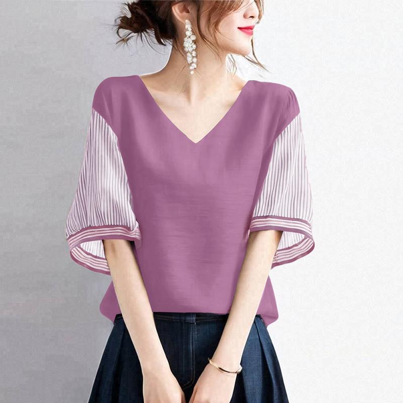

ZANZEA Women Casual V-Neck Stripe Splice Half Sleeve Blouse 2XL камея рожевий колір