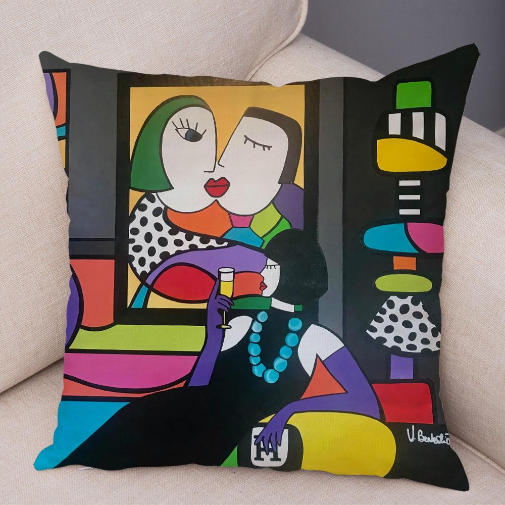Geometric Cartoon Girl Colorful Abstract Art Drawing Pillowcase Sofa Cushion Cover Home Car Decor Home Decor