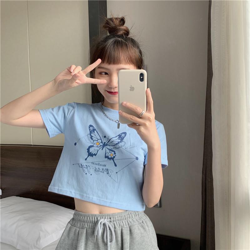 

Girlfriends and sisters wear short short-sleeved t-shirts for women s summer new Korean version of trendy navel-showing Harajuku student tops 2XL світло-синій колір