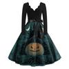 Women's Casual V-Neck Long Sleeve Dress with Halloween Print Retro