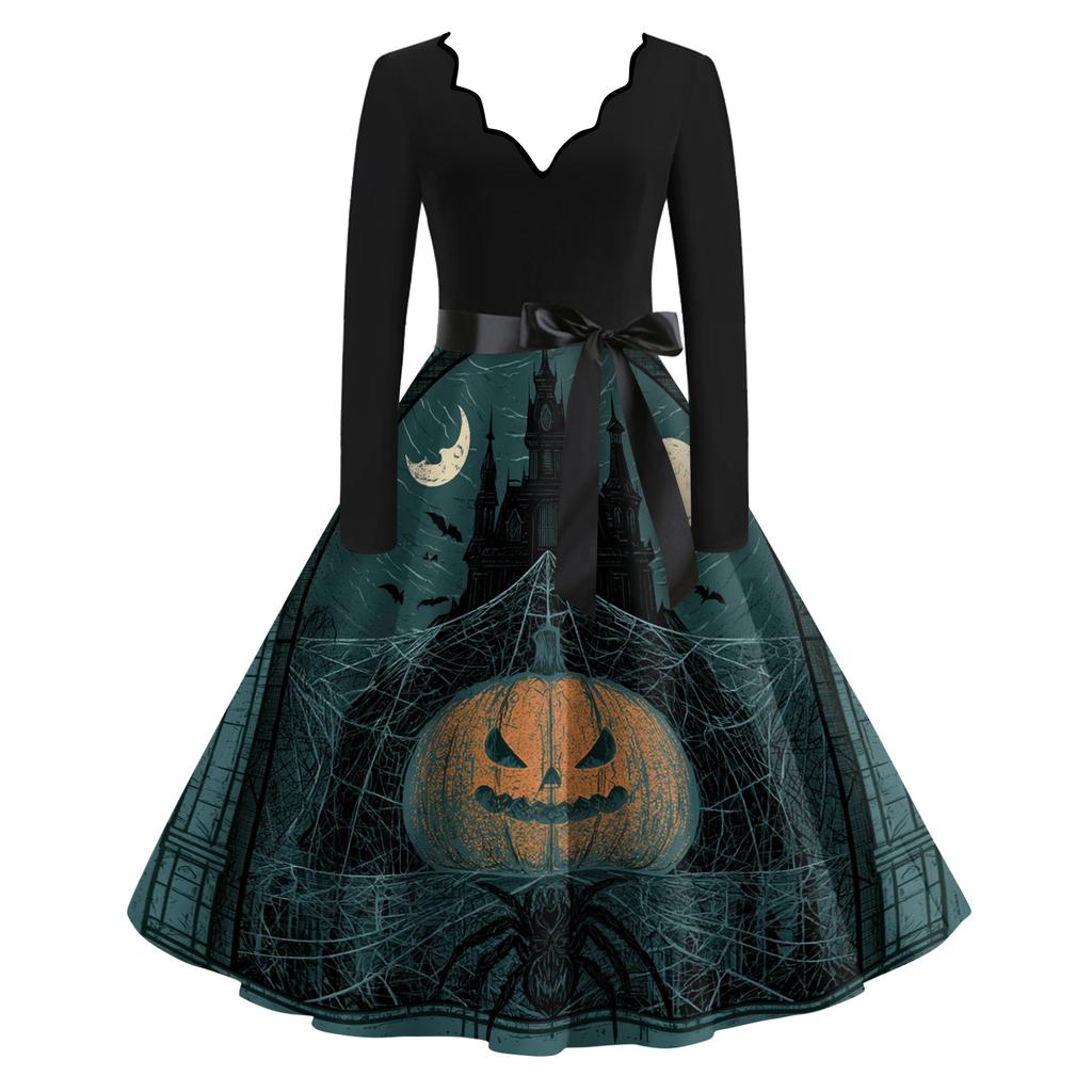 Women's Casual V-Neck Long Sleeve Dress with Halloween Print Retro