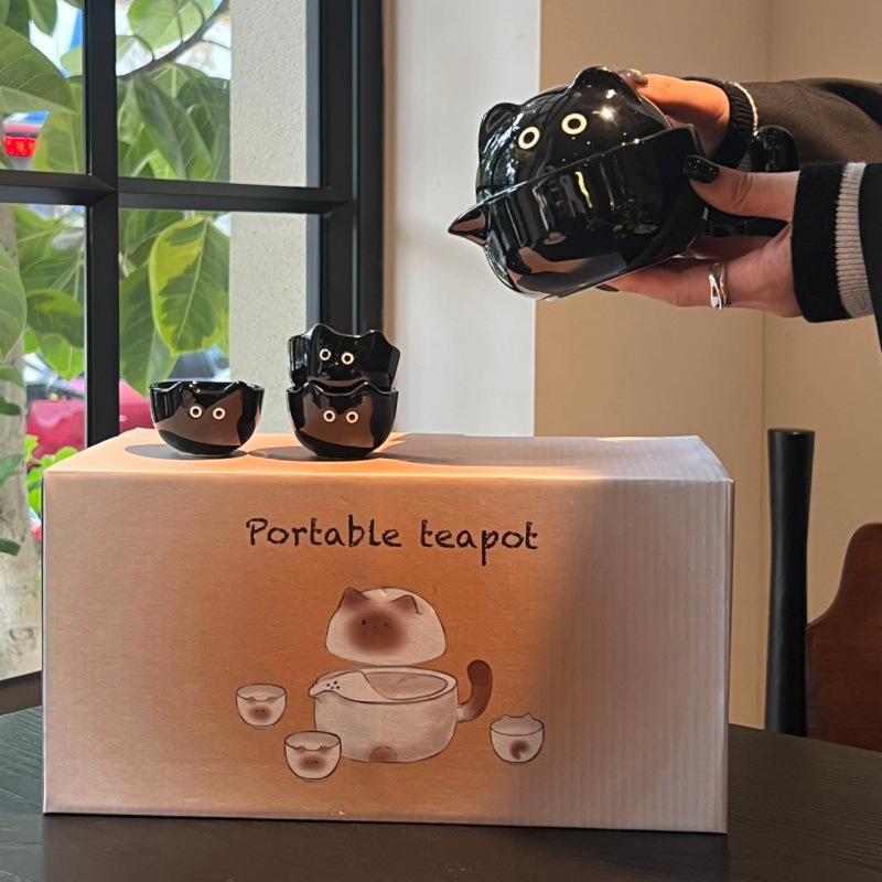 Siamese Cat Tea Set, Household Cute Portable Teacup Set, Office Workers Outdoor Camping, One Person Drinking Teapot