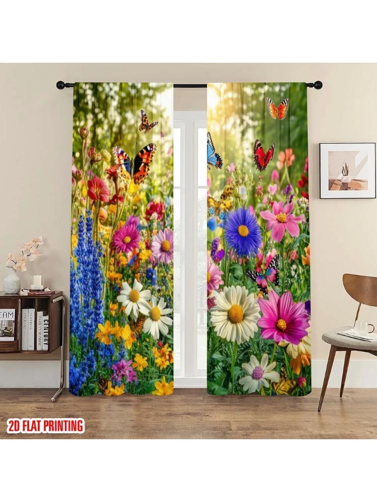 

2pc 2D plane printing Curtains Digital Printed Butterfly Garden Bliss Versatile Polyester (without rod) Art Deco Festive Use 100*130 Rod Pocket 1pcs
