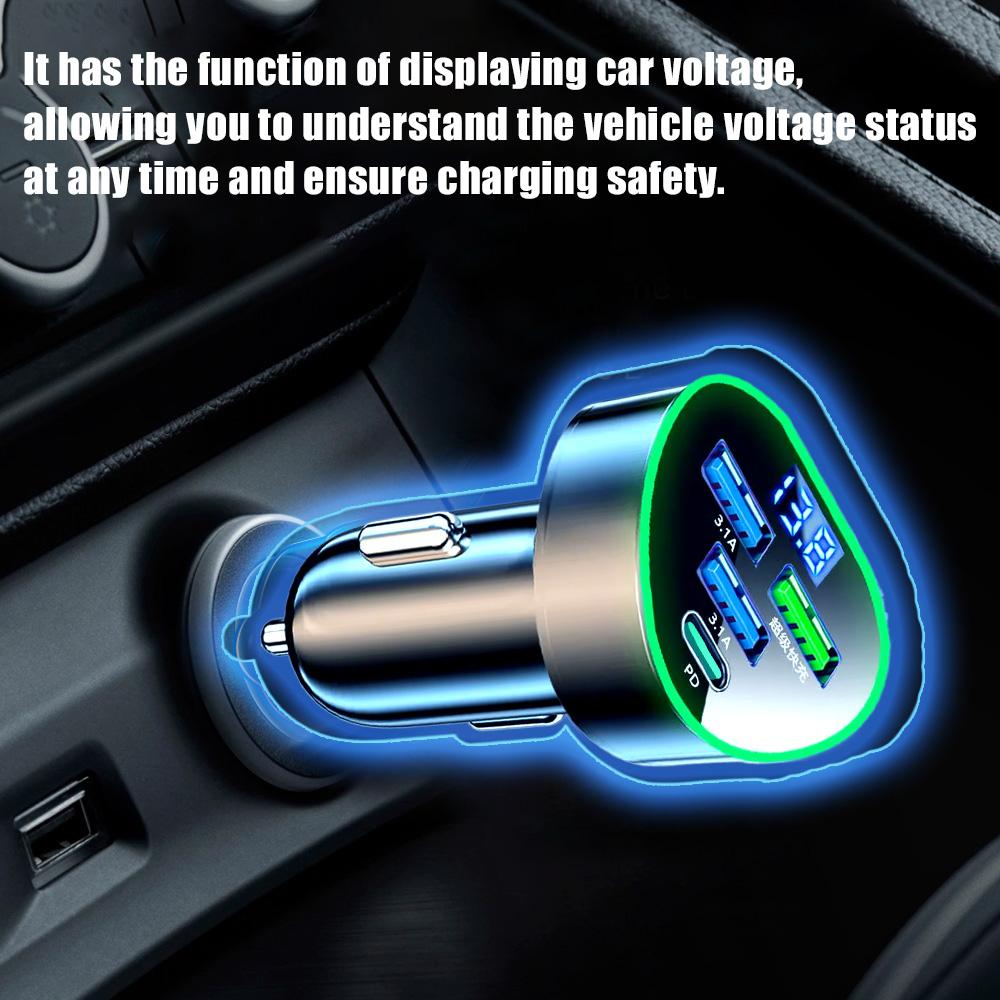 Car Phone Charger USB Type C Super Fast Charge in Car with LED Voltage Monitor for iPhone Samsung Huawei Oneplus Vivo Oppo