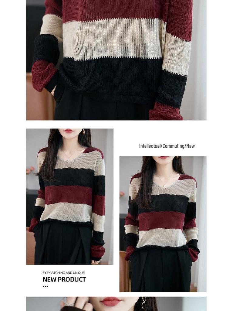 Women's Autumn V-Neck Color Block Striped Sweater - Soft, Loose, and Versatile