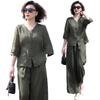 Tencel Linen Summer 2026 Korean Style Two-Piece Set: Top & Wide-Leg Pants for Middle-Aged Women