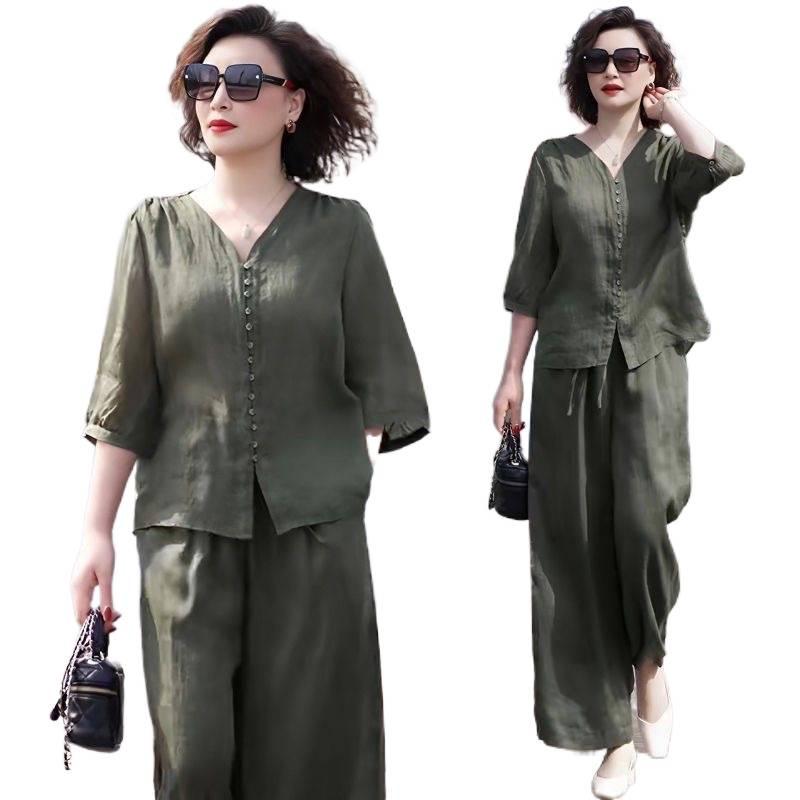 Tencel Linen Summer 2026 Korean Style Two-Piece Set: Top & Wide-Leg Pants for Middle-Aged Women