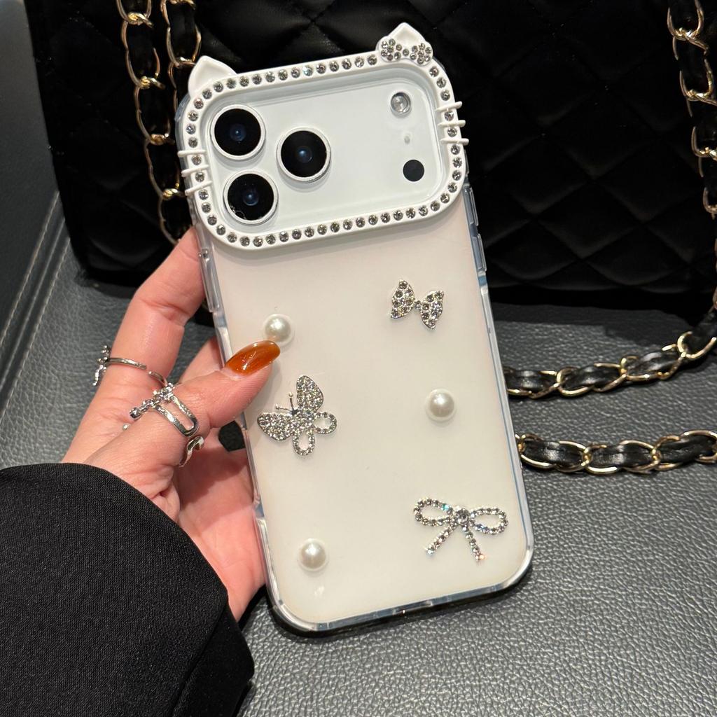 Barevně měnící motýlek s kočičími oušky a kamínky, roztomilé pouzdro na telefon pro Apple 17 Pro Max, iPhone 15/14/11, dekorativní ochranné pouzdro