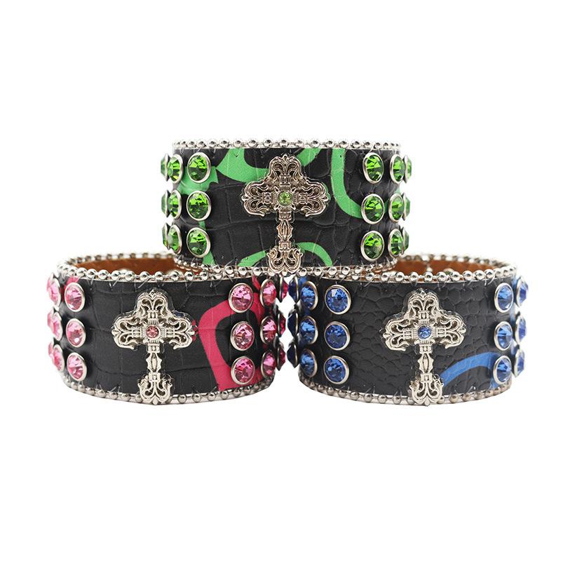 Cross-set Diamond Design Rhinestone Bracelet with Hip-hop Trendy PU Leather Bracelet Design