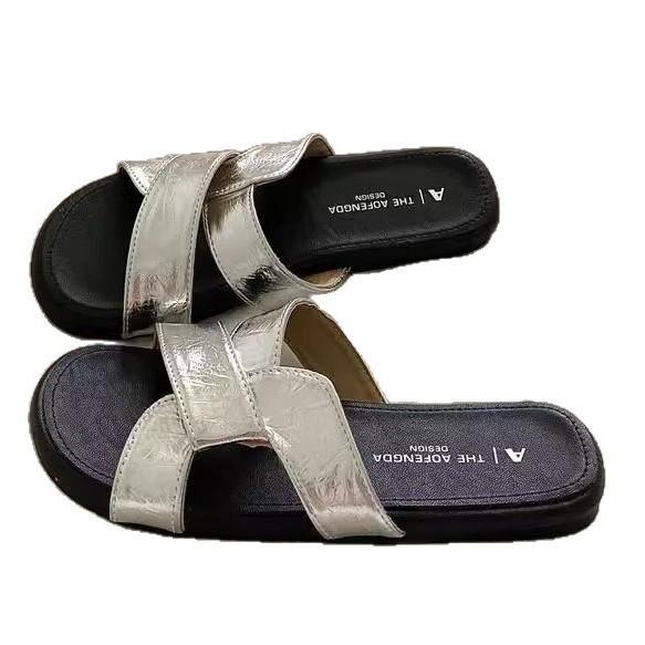 Soft Leather Version~ Textured Niche Fashion Cross Slippers Women's Soft Bottom Outer Wear Summer Flat Bottom One Word Beach Cool Slippers