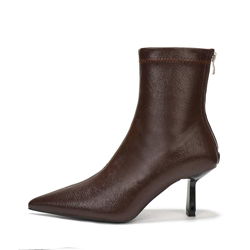 

Коричневые короткие сапоги на высоком каблуке с текстурным рисунком личи, женские 2025 новые европейские и американские остроносые сапоги на тонком каблуке, модные сапоги 40 темно-коричневого