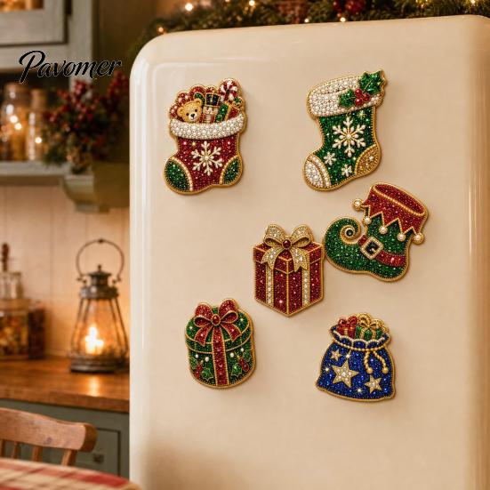 Holiday Home Decorations 6Pcs/Set Fridge Magnets Faux Pearl Art Kit, Christmas Snowman Tree Santa DIY Kits Magnets, Mosaic Refrigerator Decorative for