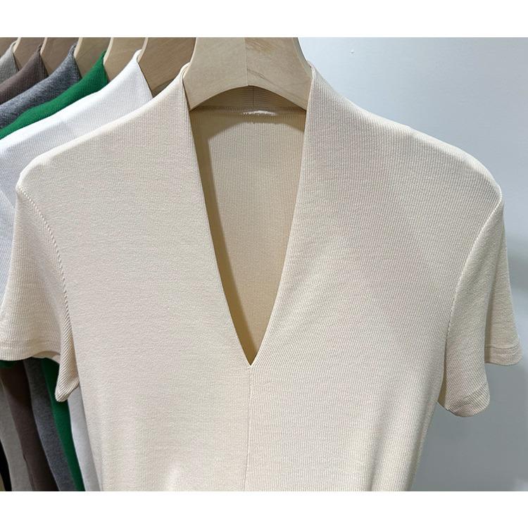 Threaded Fashion V-neck Short-sleeved T-shirt Women's Summer New Slim-fit Half-sleeved T-shirt Top
