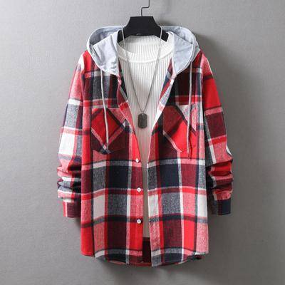 Camisa informal japonesa de manga larga con capucha y cuadros holgados para hombre, abrigo pequeño.
