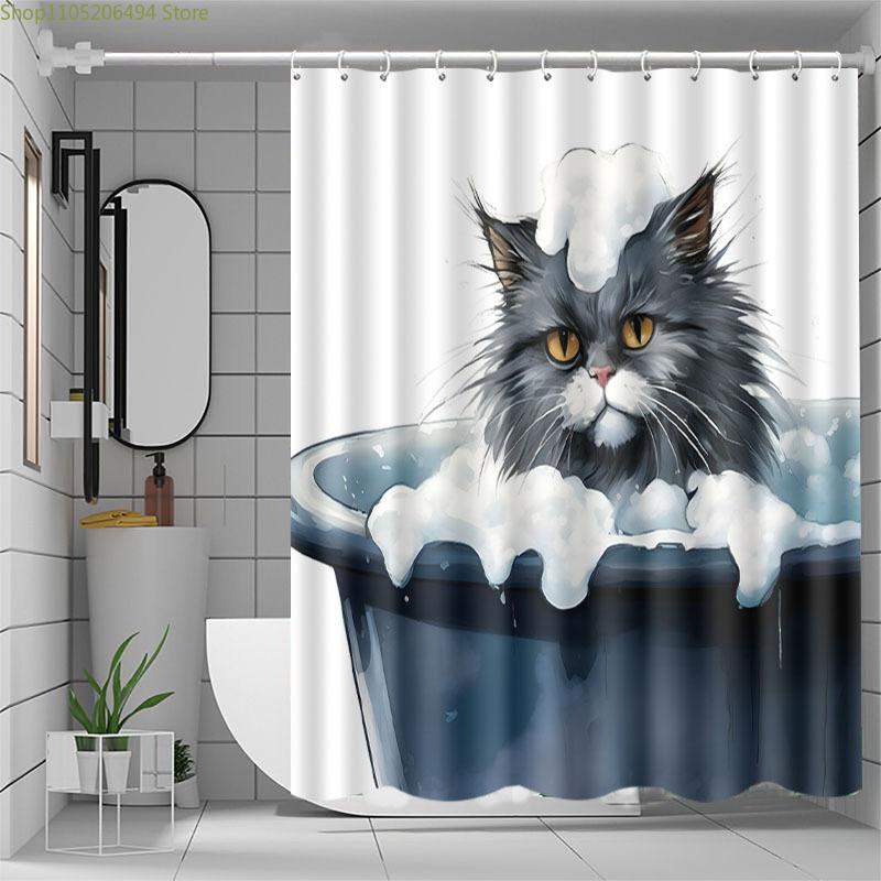 JIT1pcs with hook shower curtain, foam kitten pattern, high-end and elegant, machine-washable, suitable for bathroom and windo