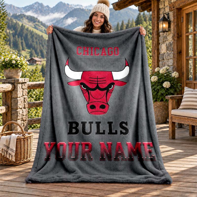 Chicago Bulls Custom Name Flannel Blanket Personalized Soft Warm Plush Throw Blanket Customized Gift for Family Friends