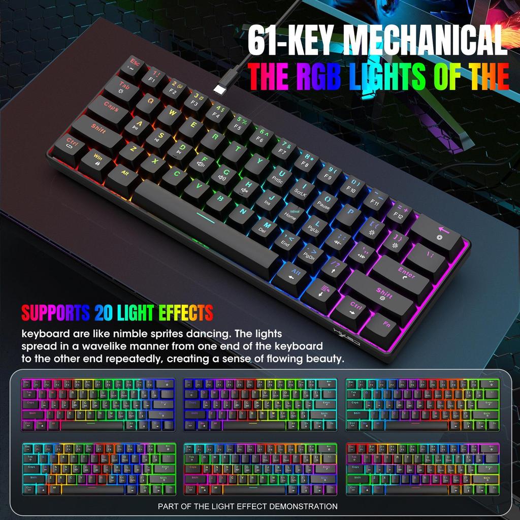 V900 61-Key Mini Mechanical Keyboard, Blue Switch, RGB Lighting, Portable for Gaming