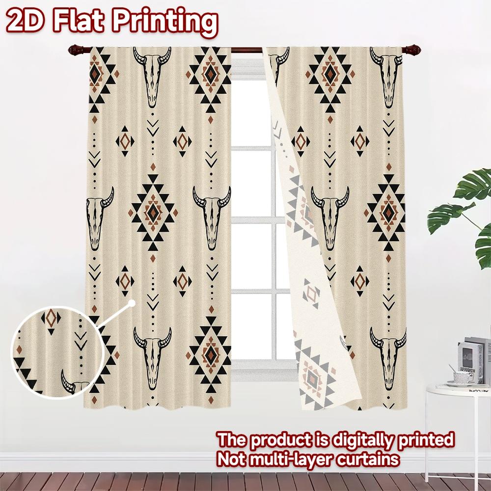 2D FLAT PRINTING 2pcs Curtains (Without Rod) Geometric Bull Skulls Pattern Chic Curtains Versatile Fabric Curtains Versatile All