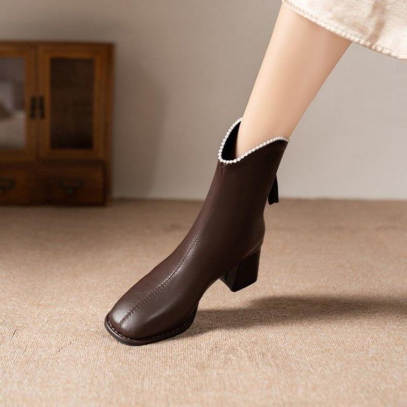 Fashion Square Toe Block Heel Booties Winter New Beaded Rear Zipper Anti-Slip Wear-Resistant High Heel Boots