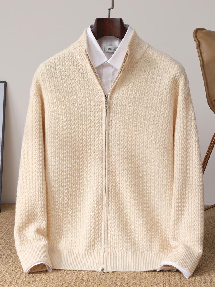 Men's 100% Pure Wool Thickened Half-High Collar Zipper Cardigan Sweater for Autumn/Winter