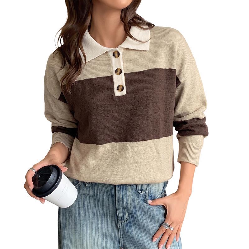 2026 Retro Color Block Stripe Polo Collar Sweater - Women's Long Sleeve Knitwear for Autumn/Winter Casual Wear