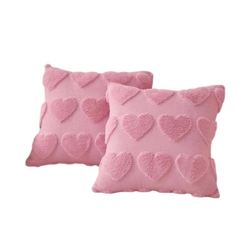 

Pack of 2 Valentines Day Square Pillow Cases with Love Heart Plush Jacquard Design Decorative Cushion Covers Gift розовый