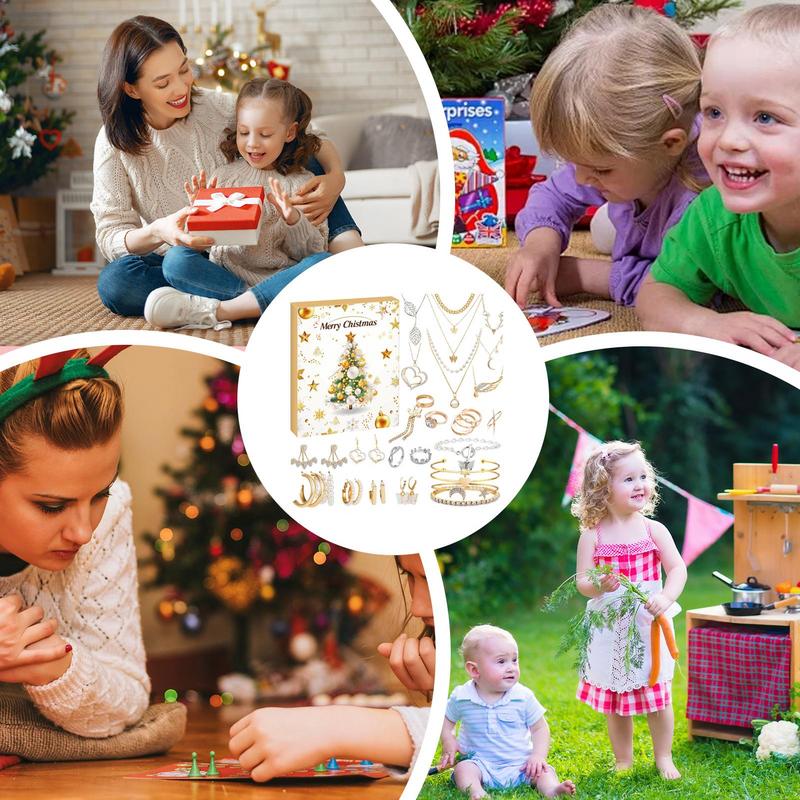 Weihnachtsschmuck-Kalender, 24 Tage Countdown-Kalender, modisches Armband, Halskette, Ohrringe für erwachsene Frauen und Teenager-Mädchen