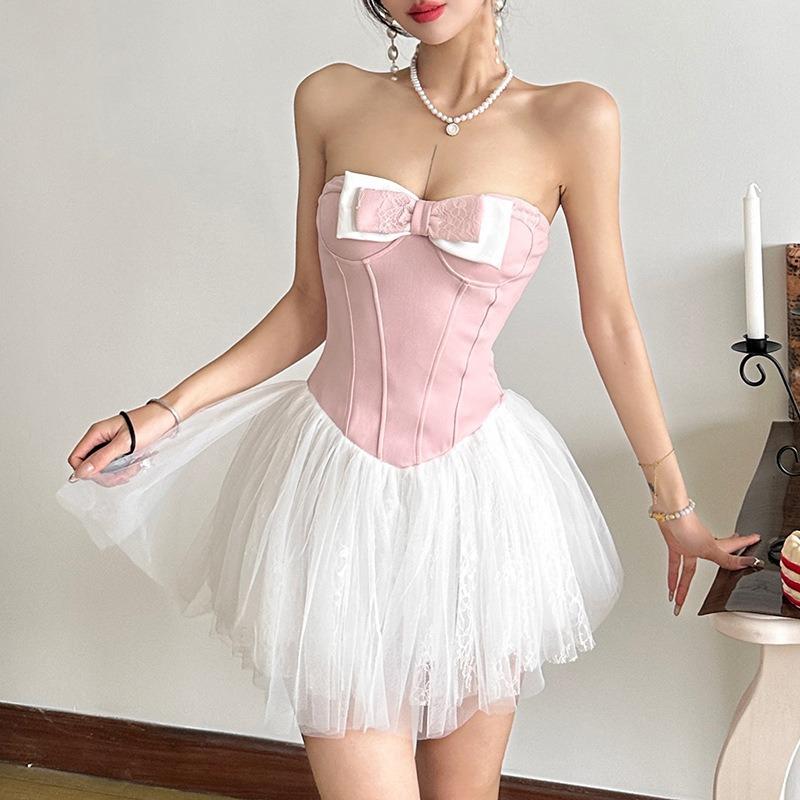 Women's Fashion Sexy Spice Girls with Chest Contrast Color Bow Waist Dress