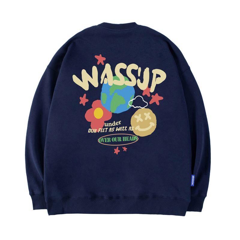 Wassup Heods American Trendy Brand Crew Neck Sweatshirt for Men and Women, Autumn and Winter Loose Casual Heavyweight Fleece Couple Tops