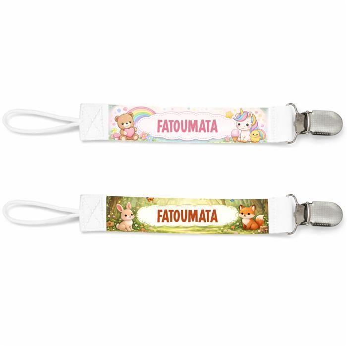 Planetee Lot de 2 Attaches Tétine pour Fatoumata Animaux Mignons - Attache Sucette Personnalisée Bébé Fille Cadeau Naissance