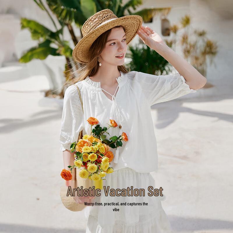 Women's Summer Resort Style Cotton Shirt & Skirt Set